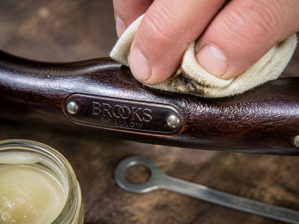 Close-up of breaking in a narrow leather racing saddle with conditioner.