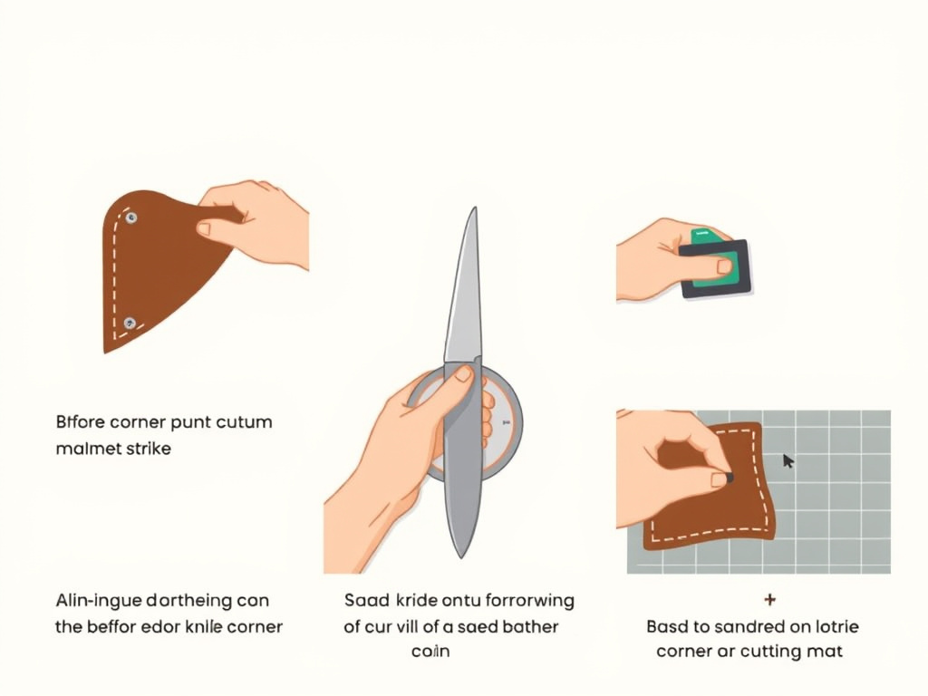 Three methods for rounding leather corners: punch, knife, and sand.