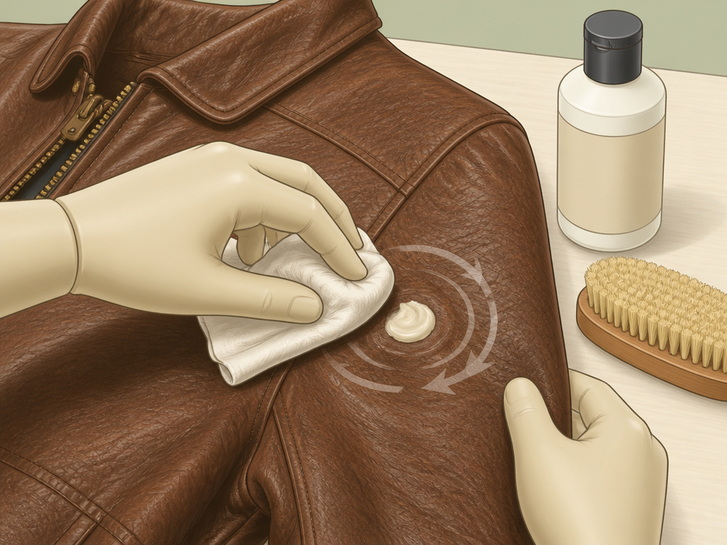 Hands applying conditioner to leather jacket in circular motion for care.