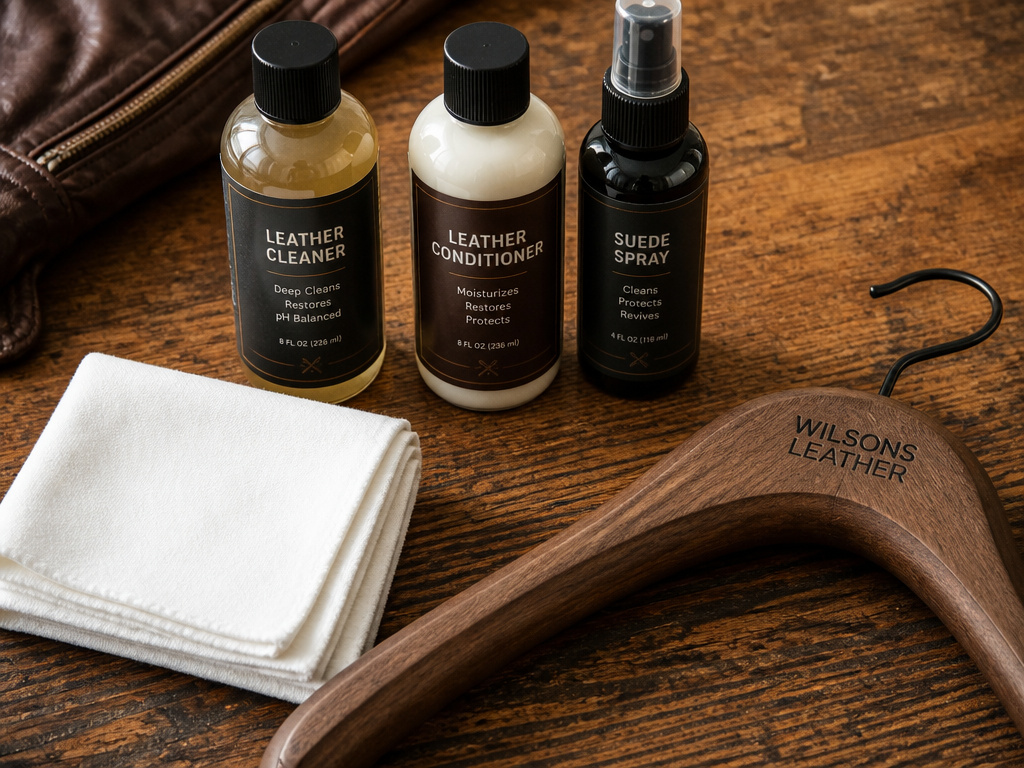 Essential leather coat care tools: cloths, cleaner, conditioner, and padded hanger.