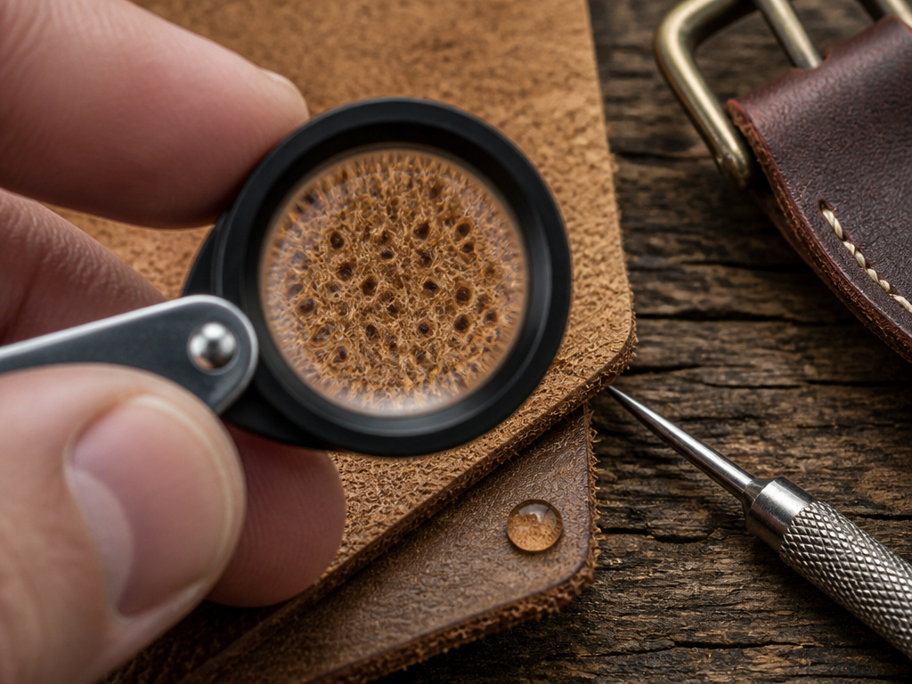 Using a loupe and probe to identify full grain leather's pores and density.