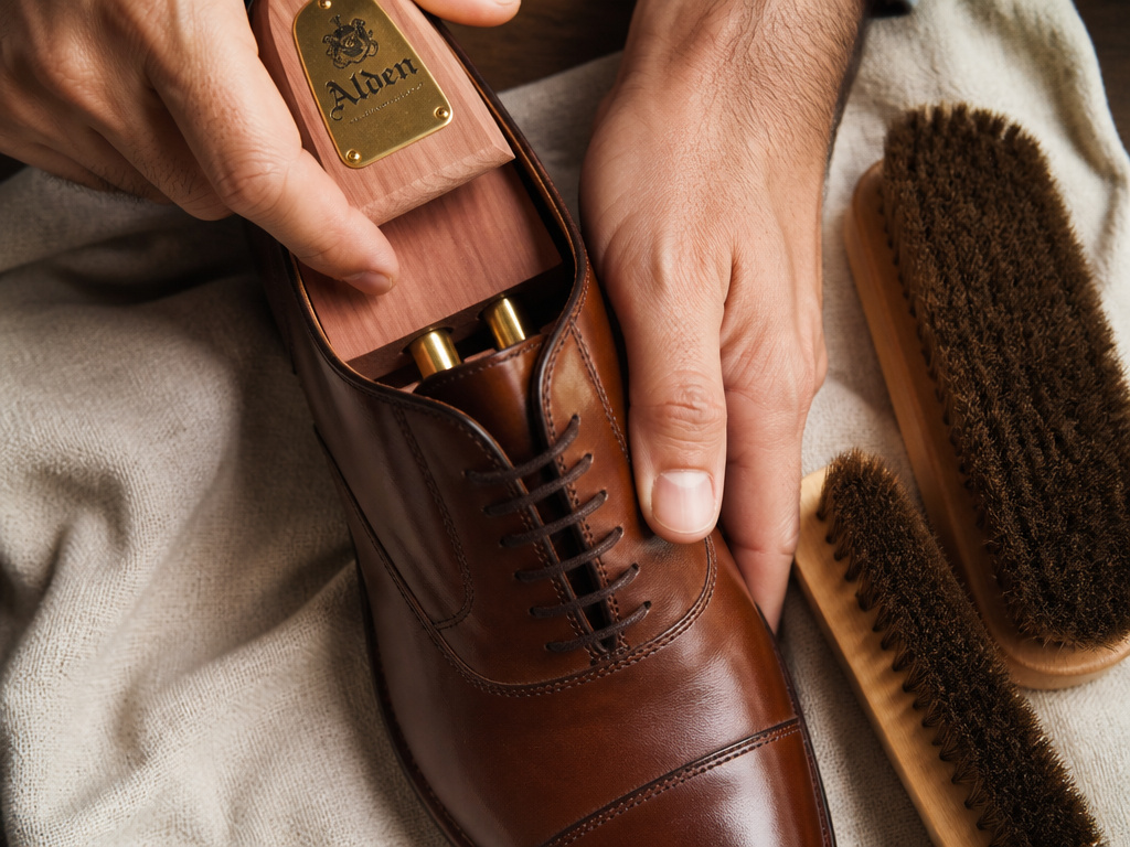 Essential shoe shining tools: horsehair brushes, cotton cloth, and cedar shoe trees.