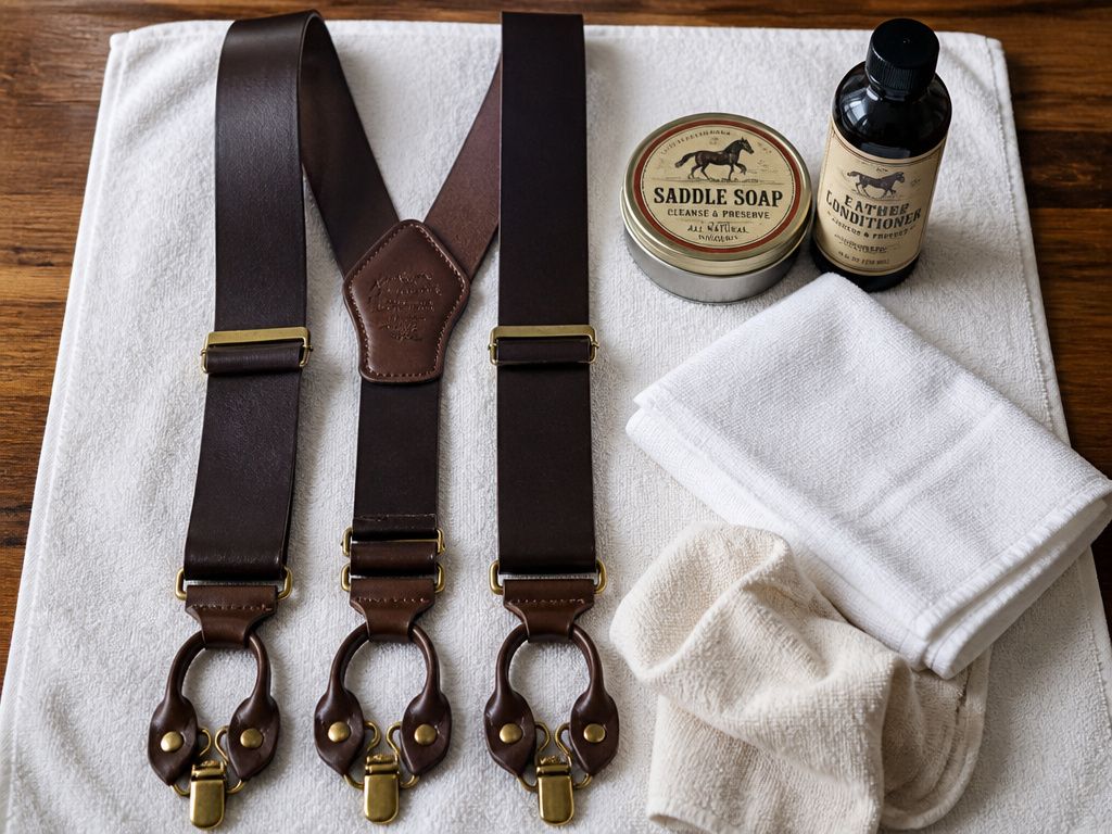 Essential leather suspender care tools laid out on a towel.