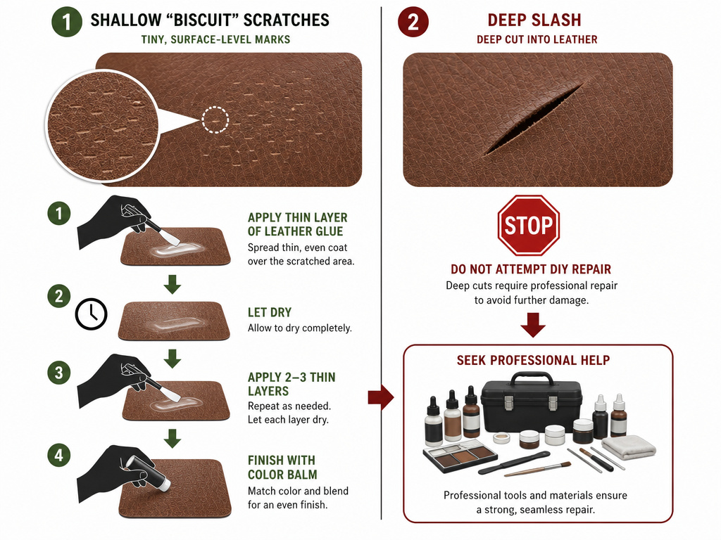 Diagram comparing shallow cat kneading scratches versus deep swiping scratches on leather.