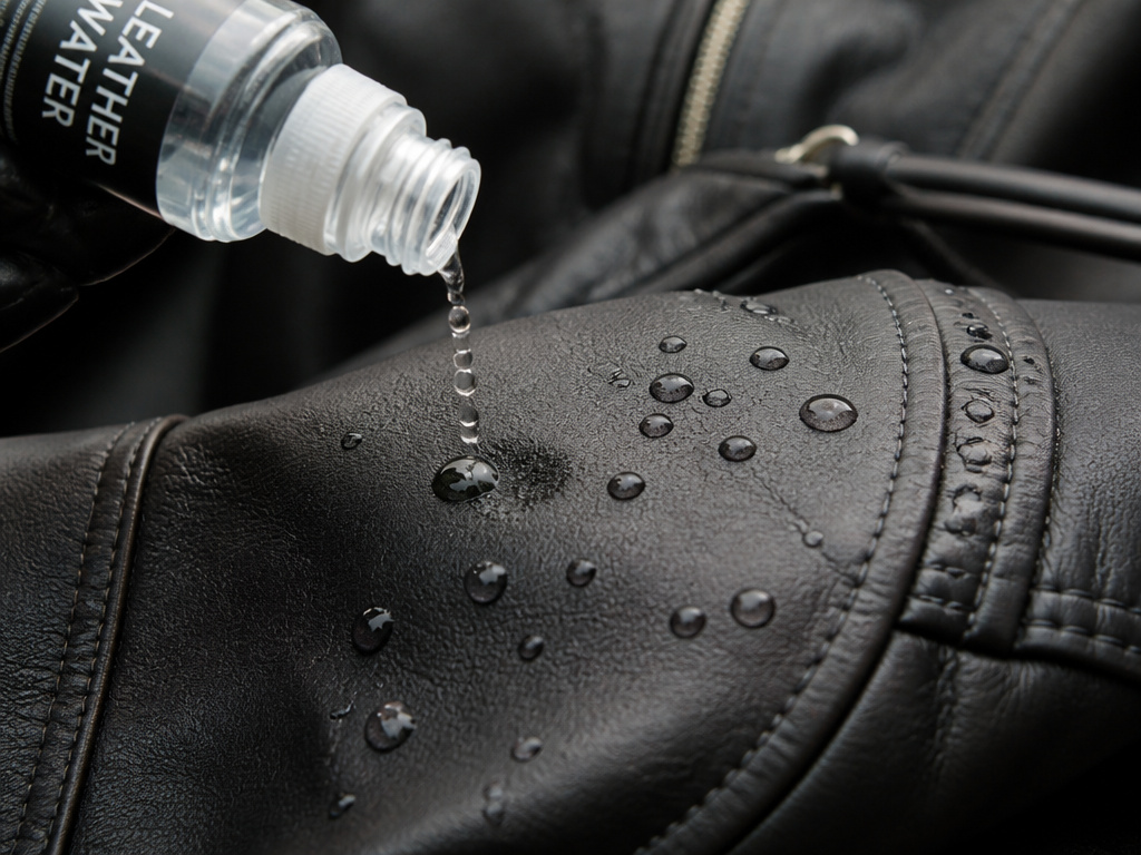 Close-up water bead test on a leather jacket sleeve showing effective waterproofing.