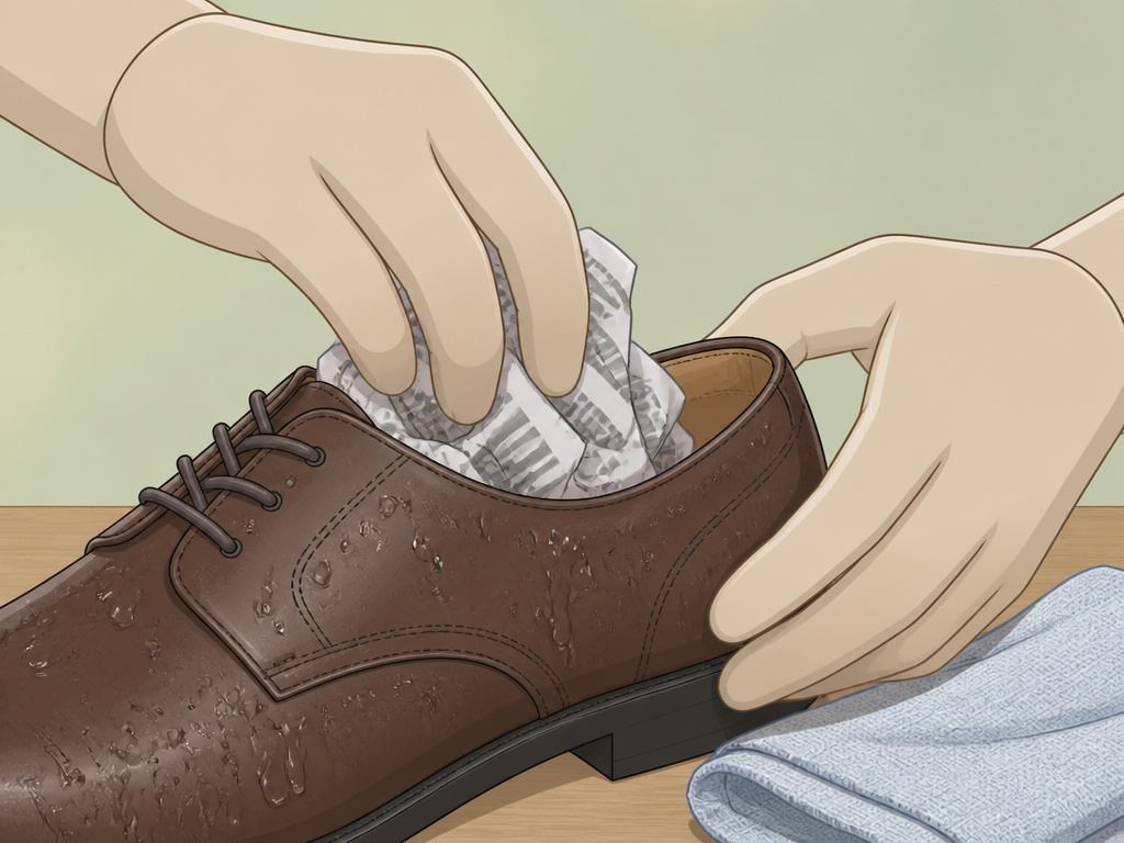 Person stuffing wet leather shoes with newspaper to dry them out.