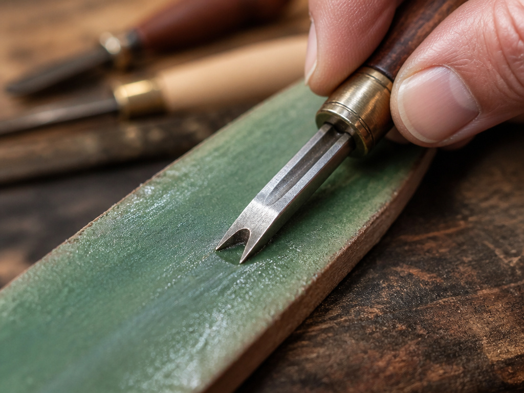 Leather edge beveler being stropped on a green-charged leather strip for maintenance.