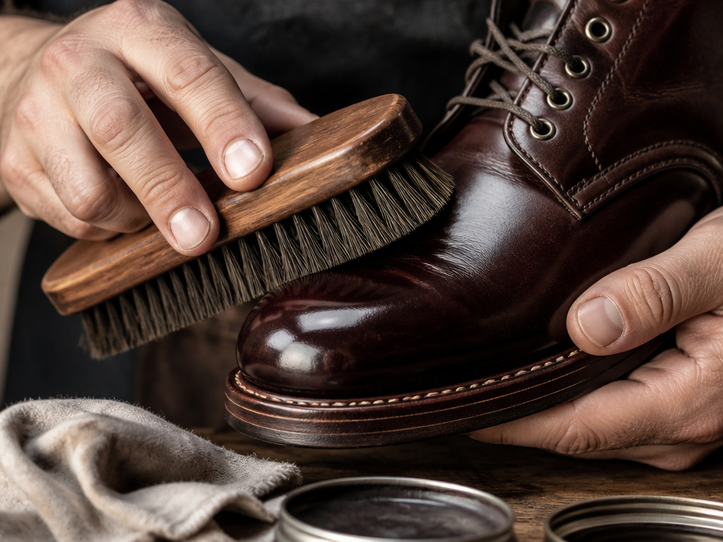 Close-up of polishing a leather boot with a horsehair brush and cloth.