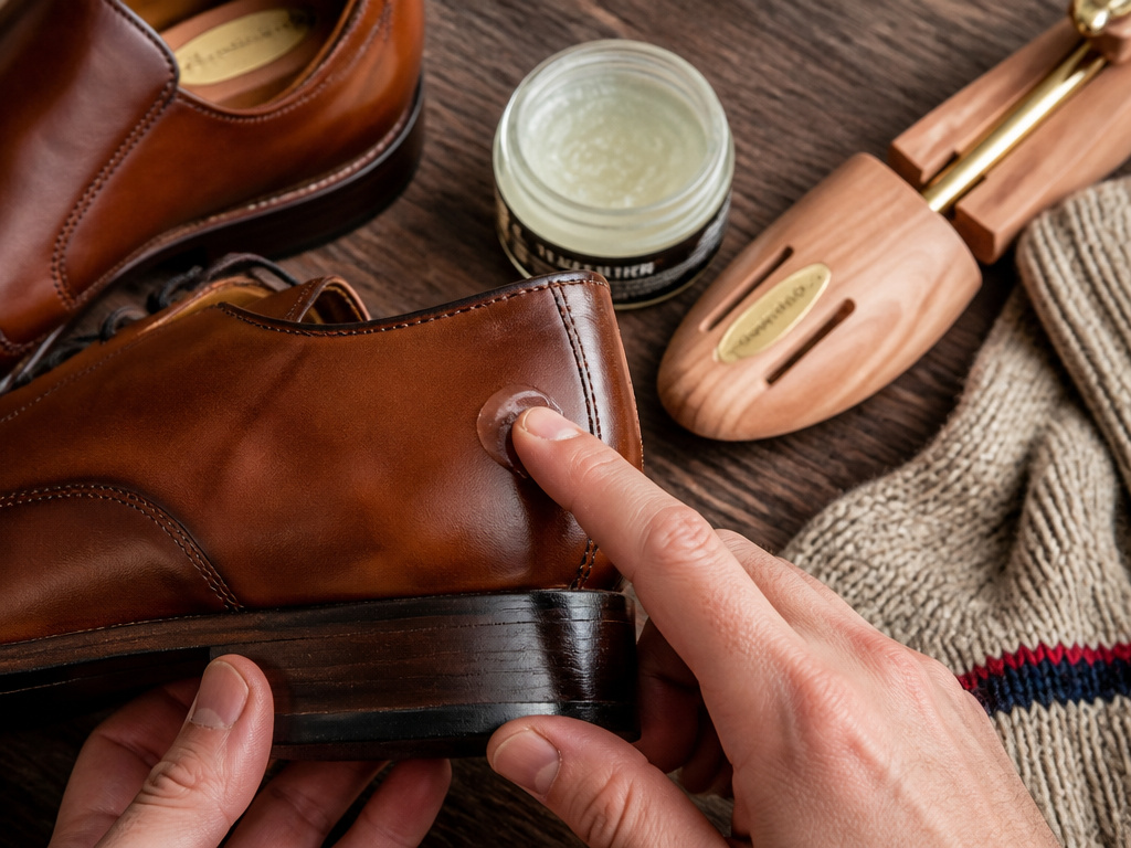 Close-up of applying conditioner to a stiff spot on new leather shoes for breaking in.