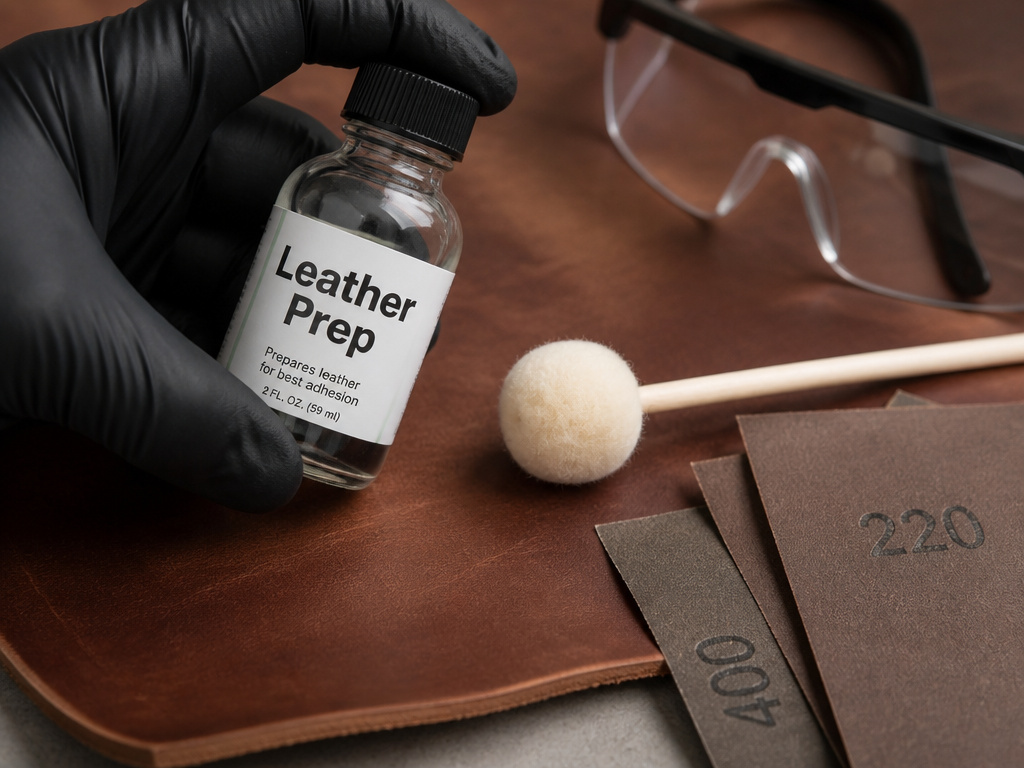 Essential leather coloring tools: deglazer, sandpaper, dauber, and safety gear.
