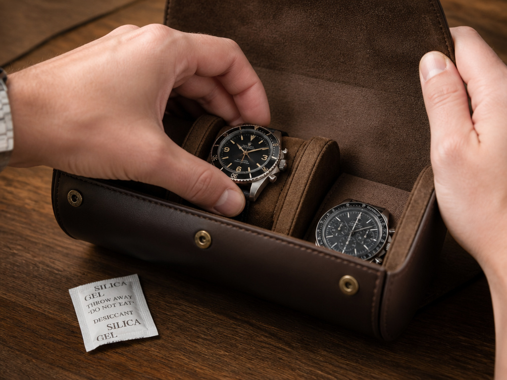 Leather watch roll used for home storage on a nightstand or dresser