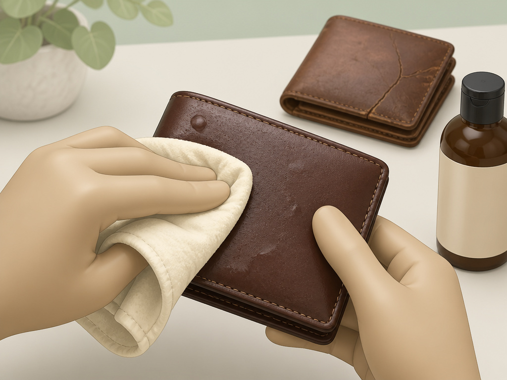 Hands blotting a wet leather wallet to treat water stains and prevent cracking.