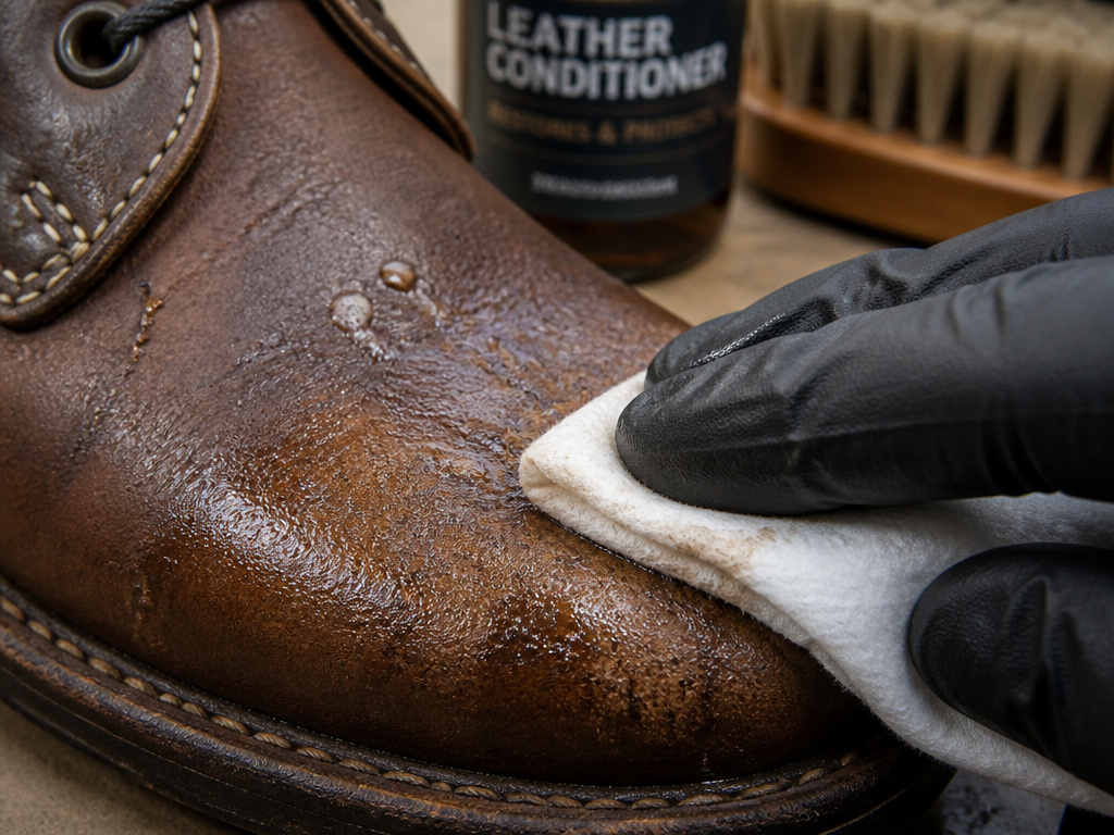 Troubleshooting sticky residue and uneven color on conditioned leather boots.