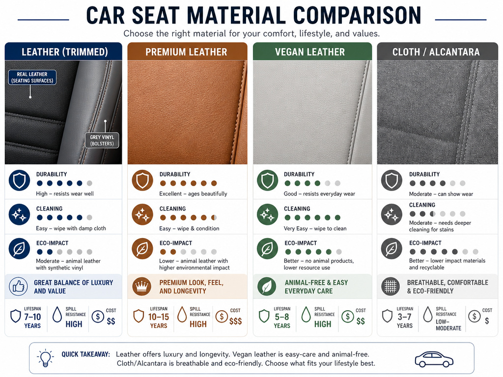 Infographic comparing leather, vegan, synthetic, and cloth car seat materials.