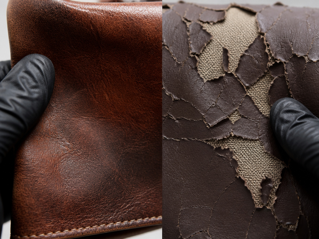 Close-up comparison of aging real leather patina versus cracked vegan leather.