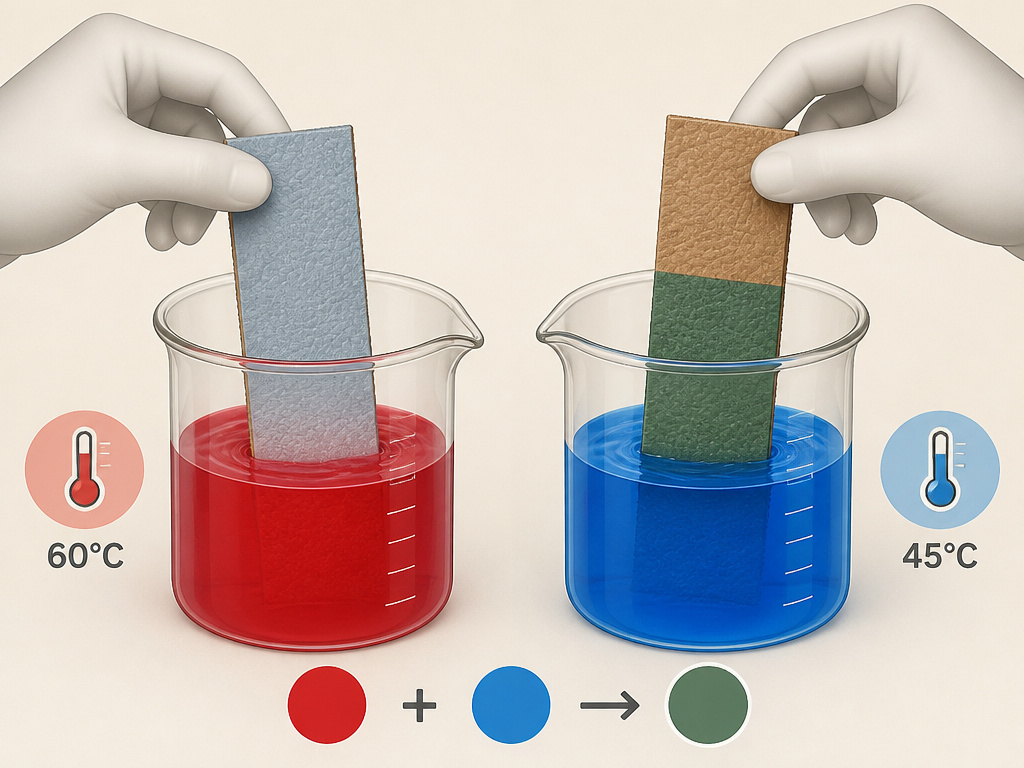 Diagram comparing dyeing rules for chrome-tanned and vegetable-tanned leather.