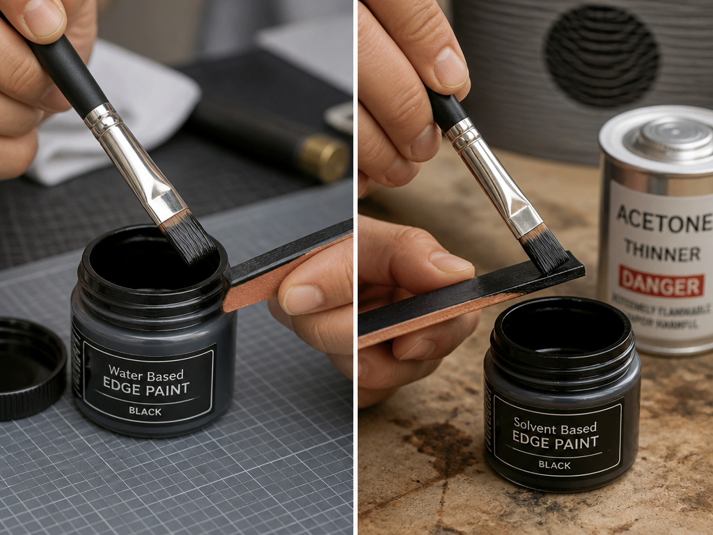 Close-up comparison of water-based and solvent-based leather edge paint application.