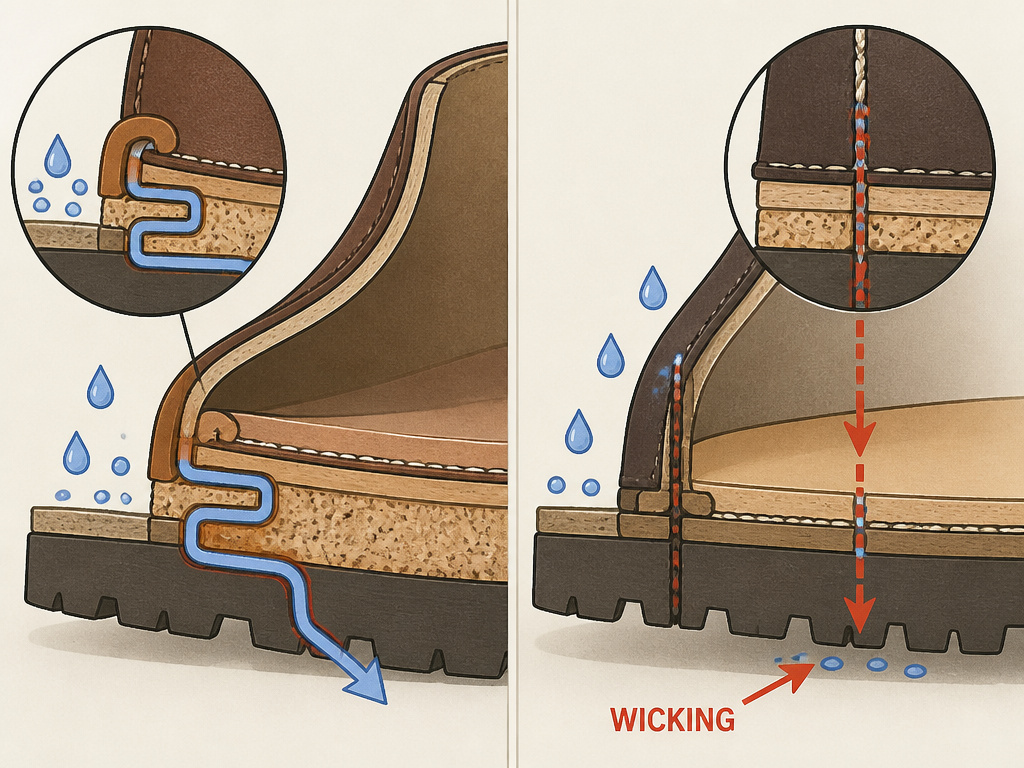 Diagram comparing water resistance in Goodyear welt versus Blake stitch shoe construction.