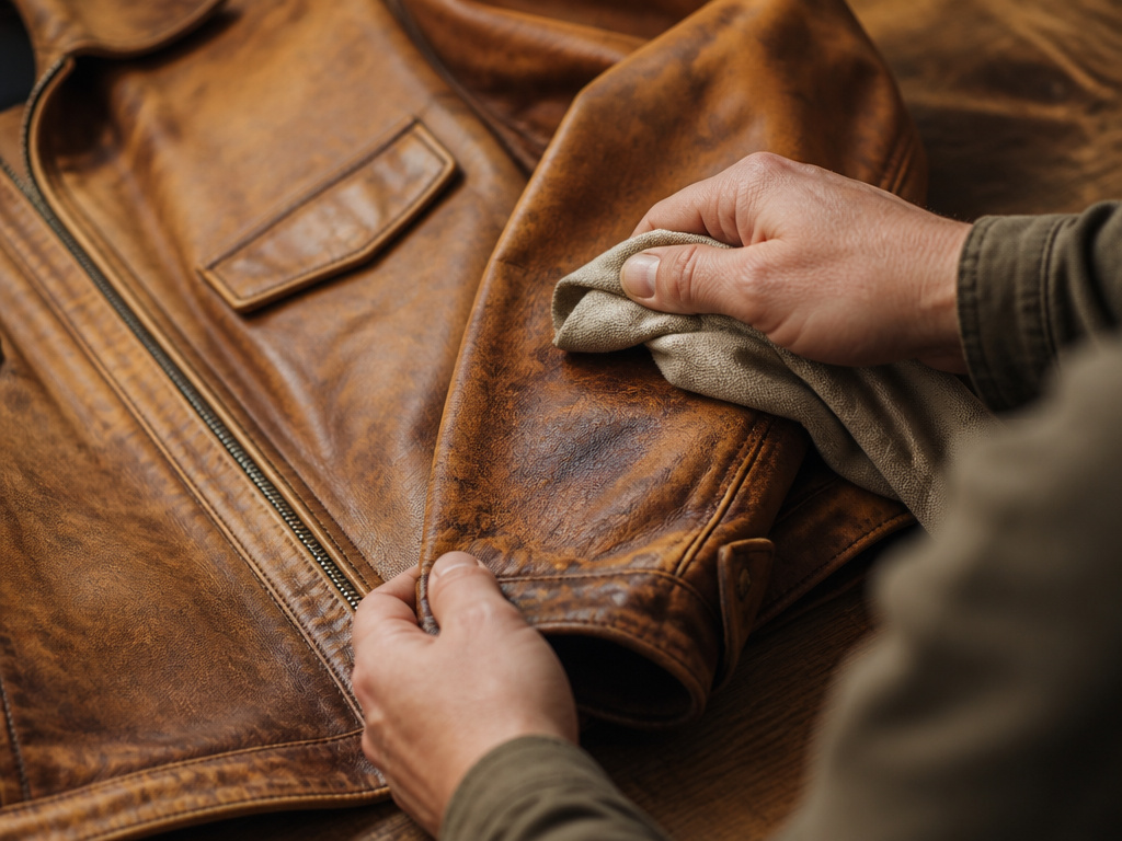 Close-up of dry cloth dusting patina on vintage leather jacket.