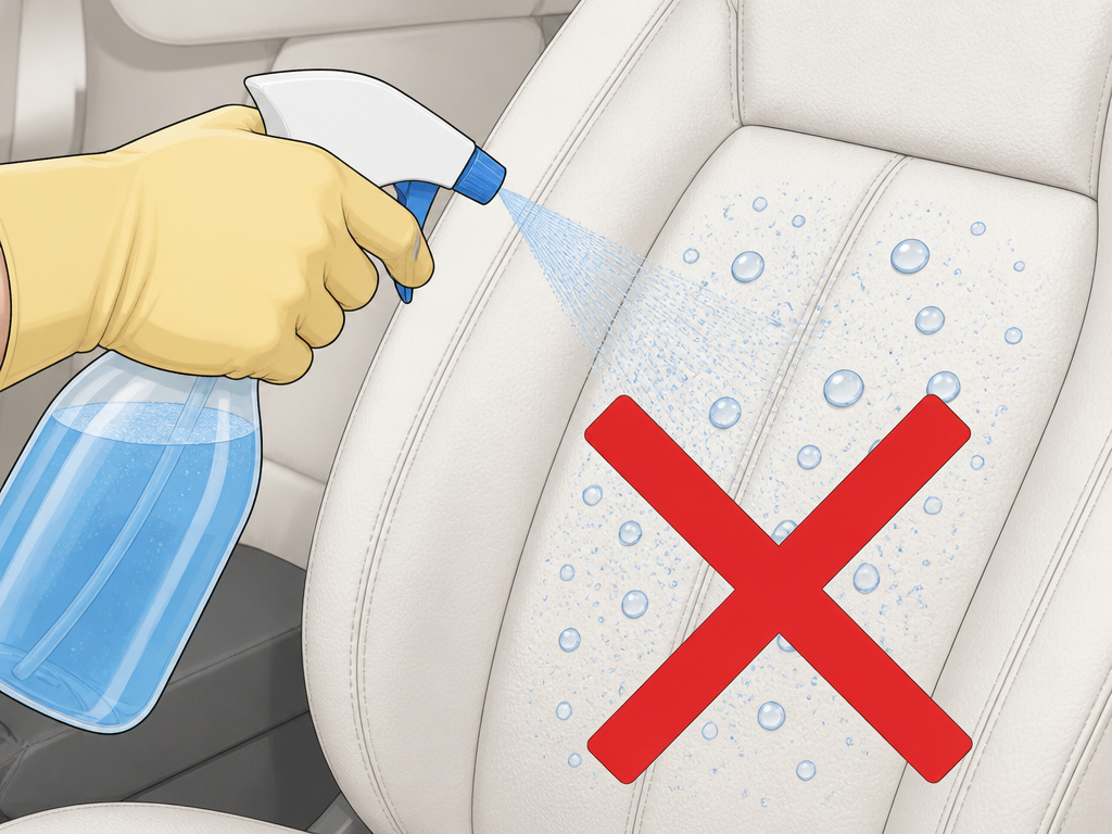 Cartoon warning against using household glass cleaner on white leather seats.
