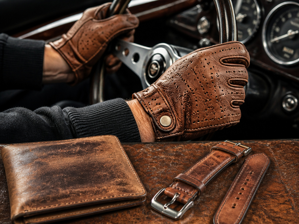 Close-up of pigskin leather gloves, wallet, and watch strap in use.