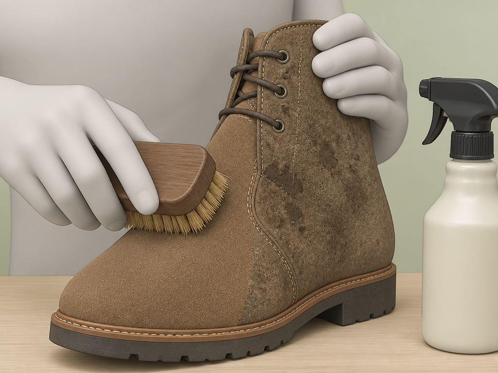 Brushing dirty suede boots before applying waterproofing spray protector