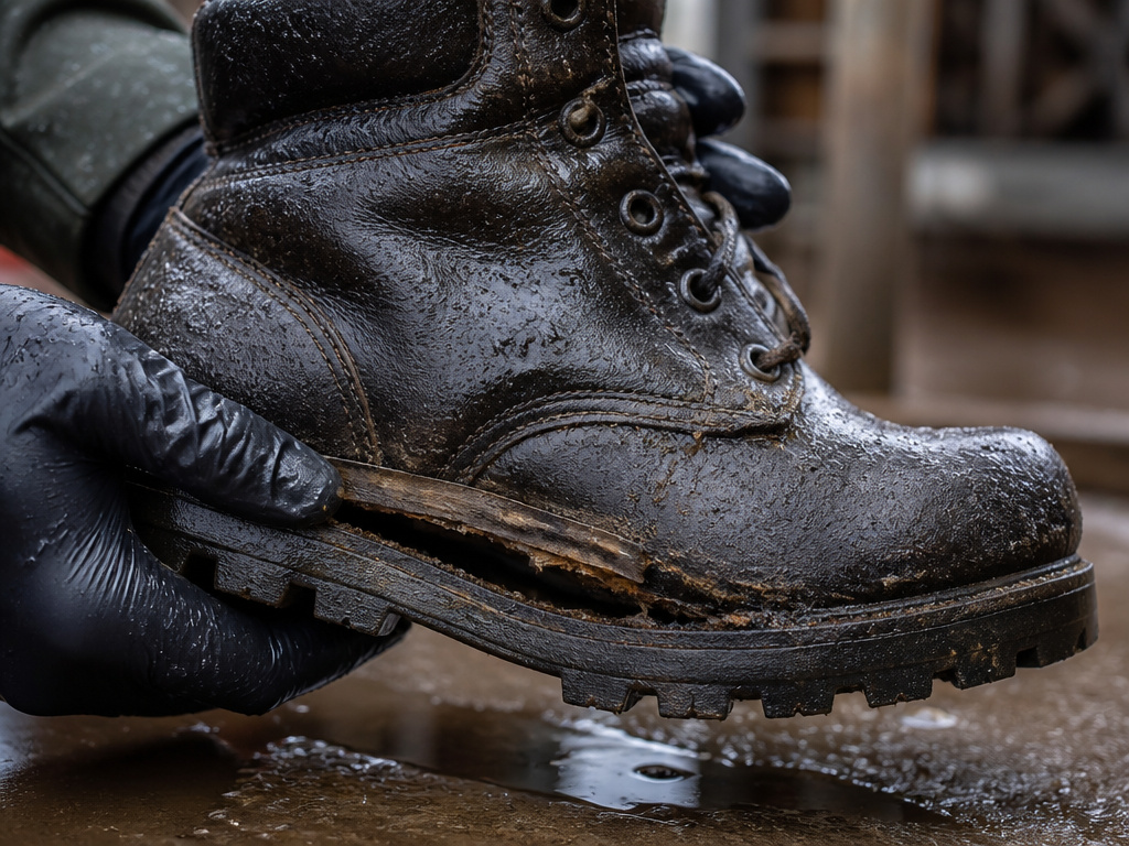 Soaked leather work boot showing water damage from improper break-in method