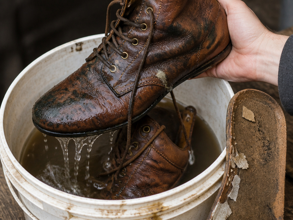 Leather boots damaged from soaking in water to stretch them.