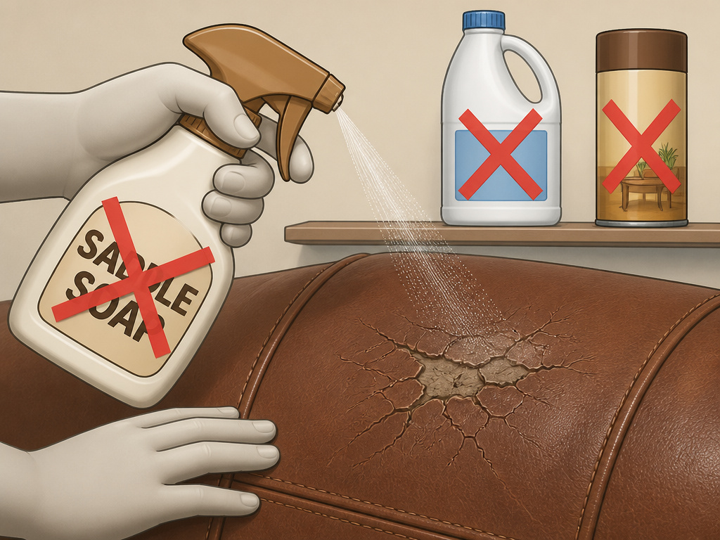 Cartoon showing banned cleaning products like saddle soap damaging leather furniture.