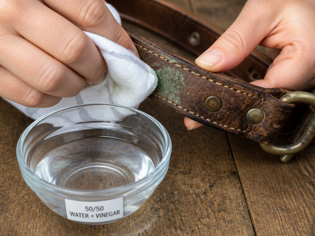 Cleaning mold from a leather dog collar with a vinegar and water solution.