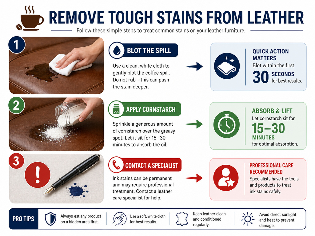 Infographic showing three methods to treat different stains on leather furniture.