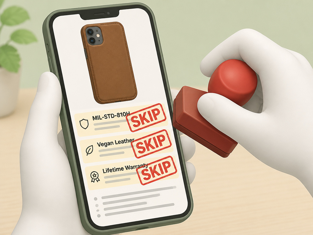 Ignoring marketing terms like military-grade and lifetime warranty on a leather phone case listing.