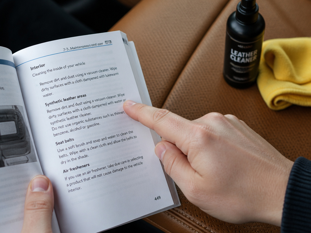 Person consulting car manual for leather seat care instructions to prevent cracking.