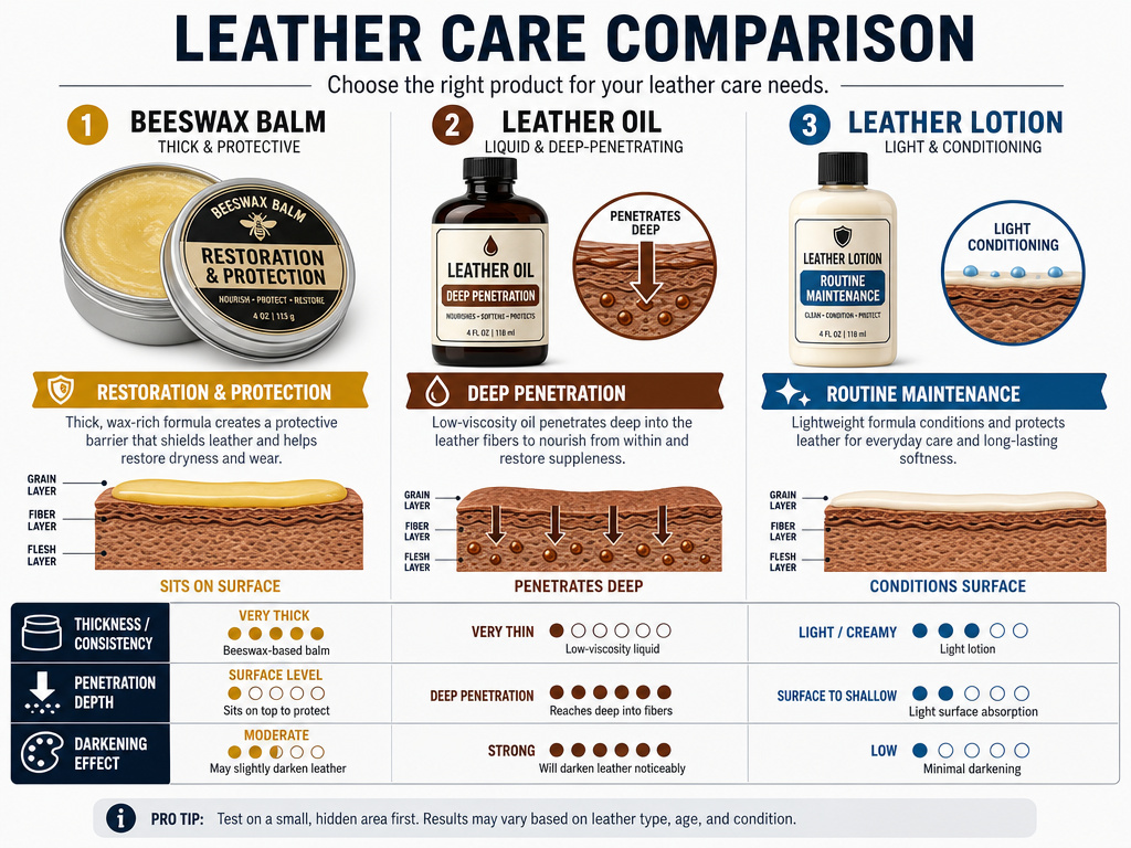 Comparison infographic of leather balm, oil, and cream uses and properties.