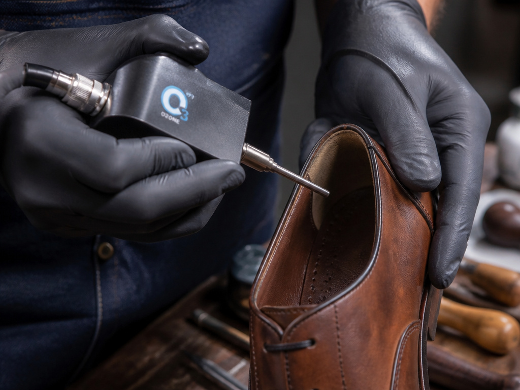 Professional cobbler using an ozone machine to deodorize a leather shoe interior.