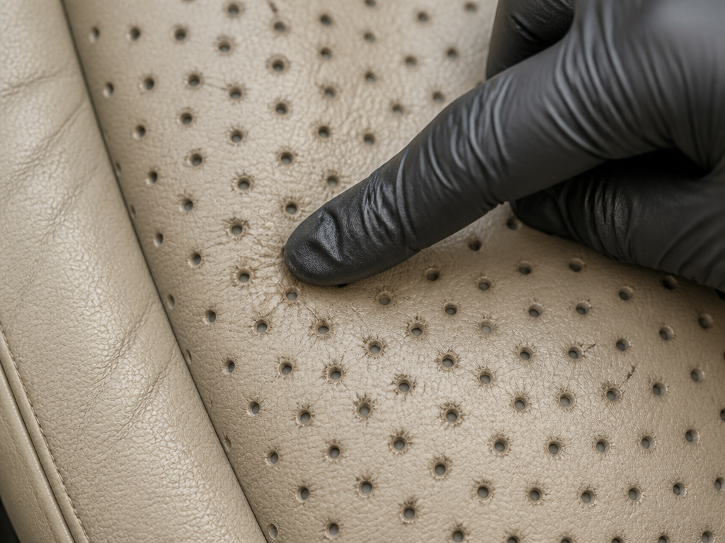 Close-up of water-darkened perforated leather, not a removable stain.