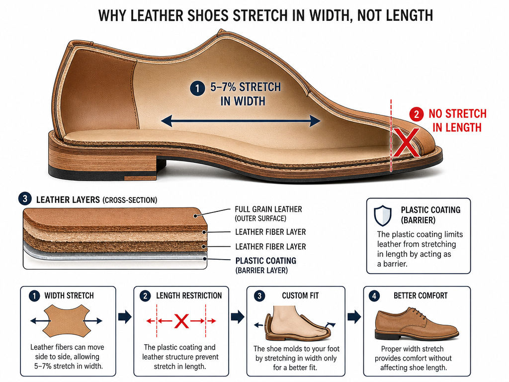 Diagram showing where leather shoes can and cannot be stretched for fit