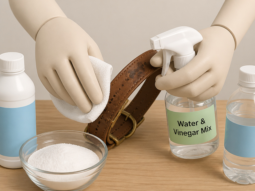 Close-up cartoon illustrating special cleaning methods for stained leather dog collars.