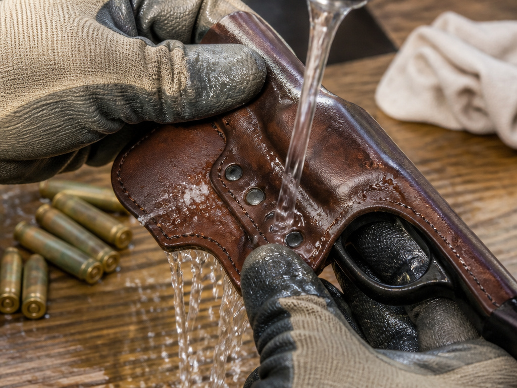 Close-up of rinsing saltwater from a leather gun holster with brass hardware.