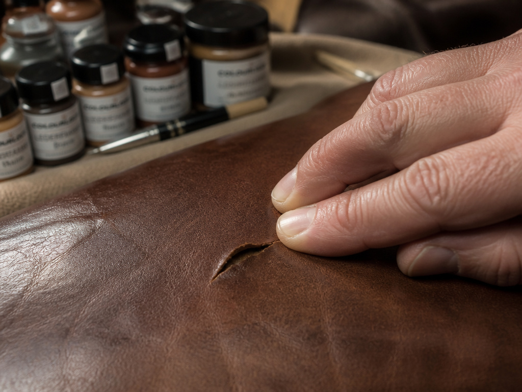 Close-up of a deep leather scratch requiring professional repair, with tools in background