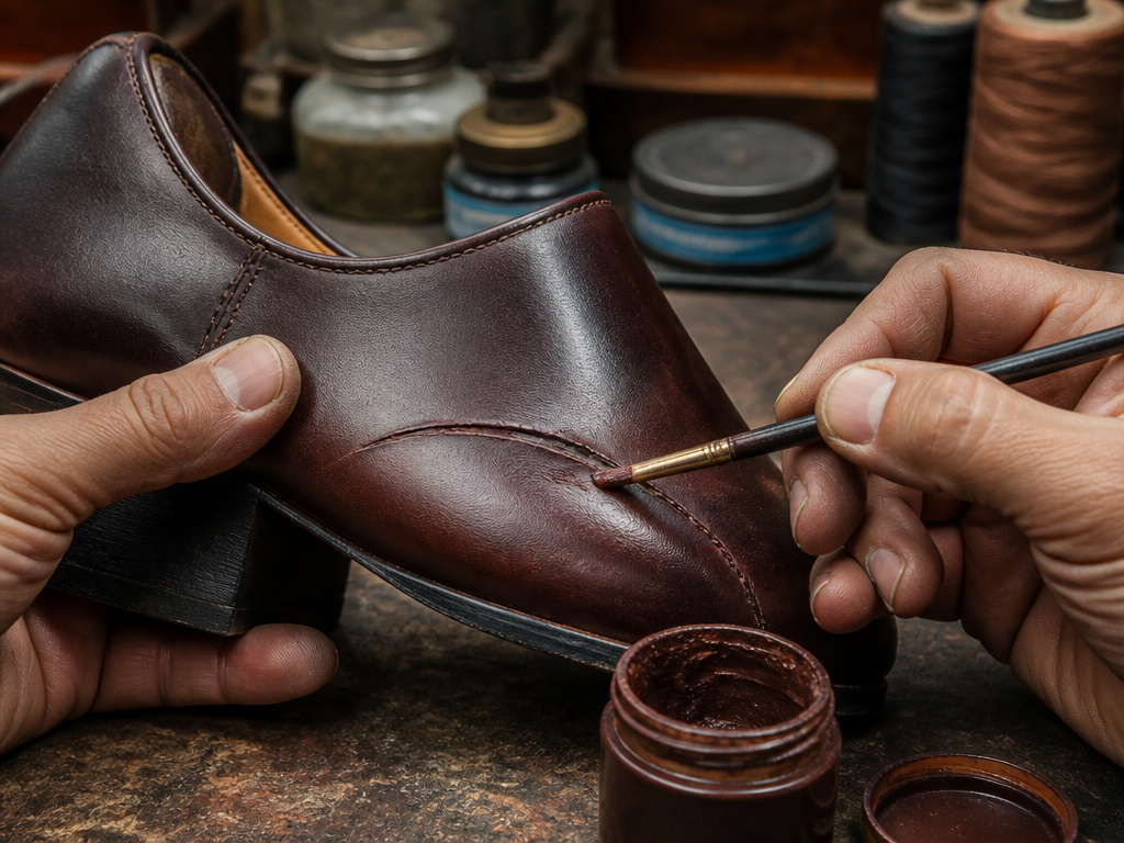 Cobbler's hands repairing a deep scratch on a leather dress shoe