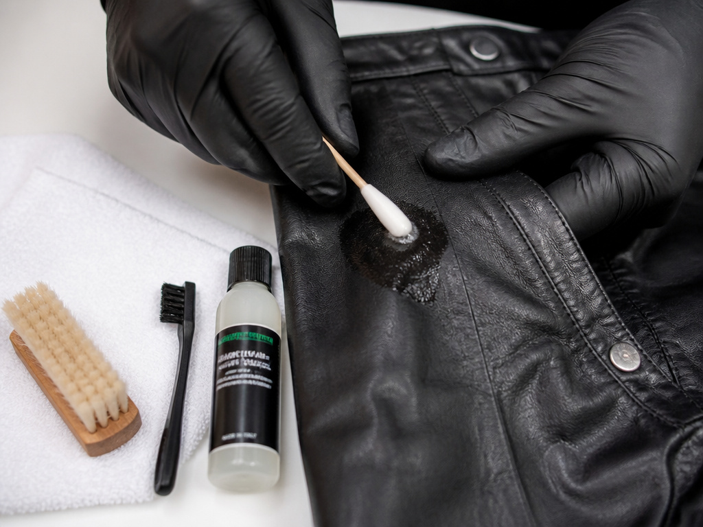 Professional cleaner treating a deep stain on black leather pants.