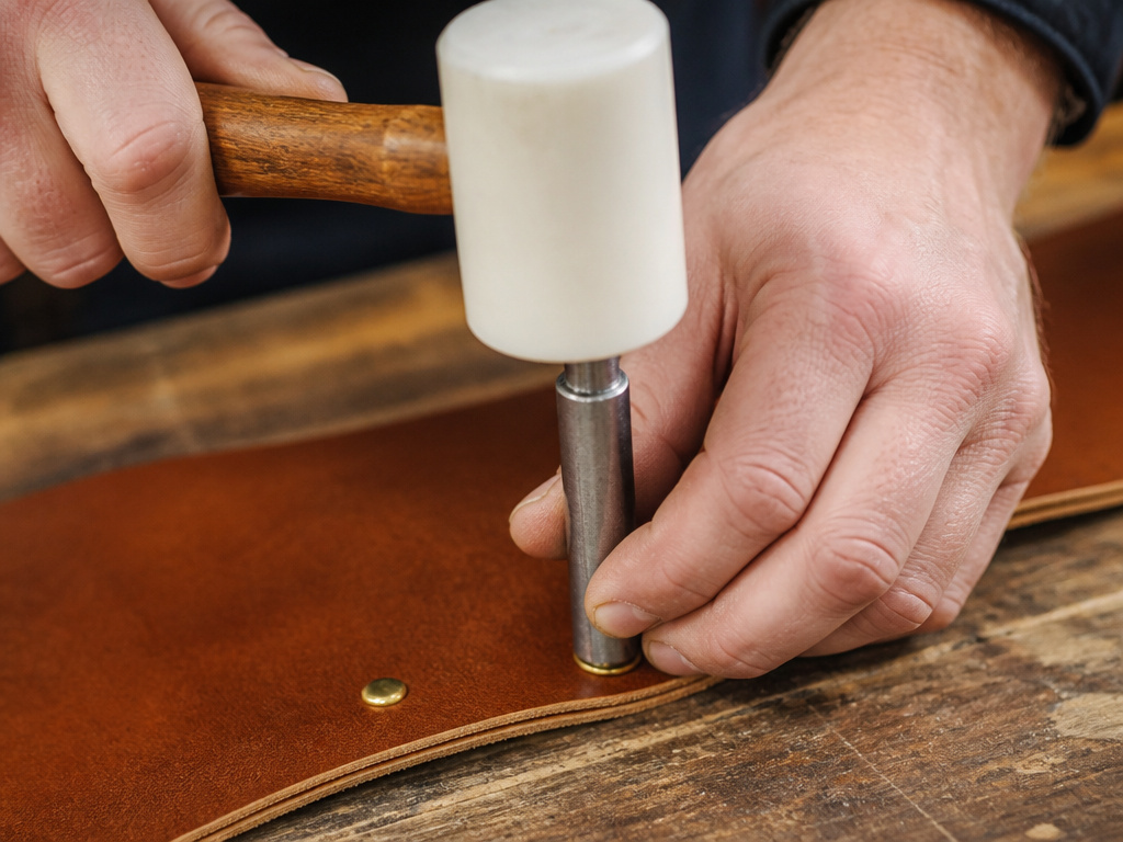 Close-up of a rawhide mallet striking a rivet setter on leather for precision work.