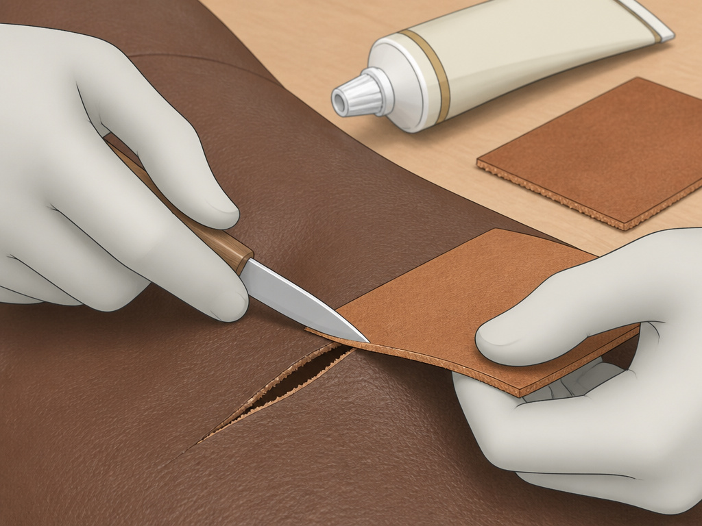 Applying leather paint with a sponge to fix a cosmetic peel on a black car seat.