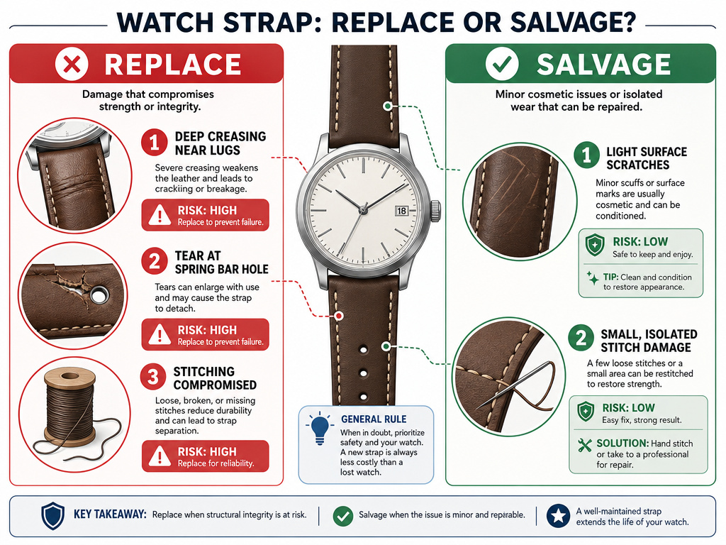 Infographic comparing when to repair versus replace a worn leather watch strap.