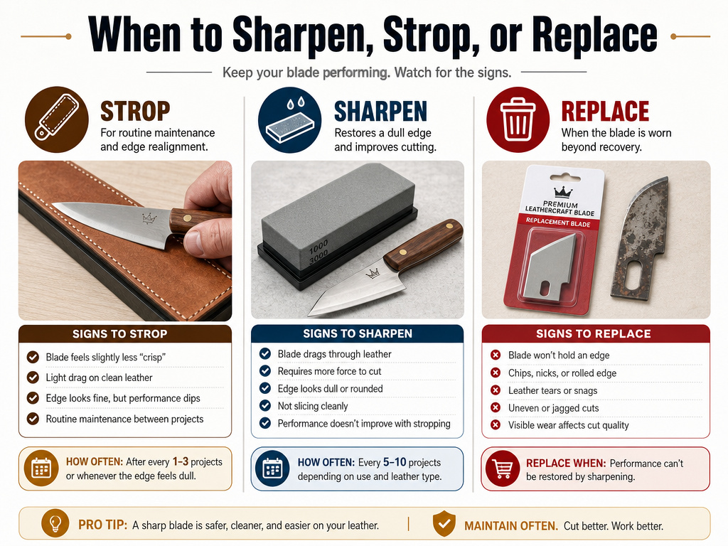 Infographic decision guide for sharpening, stropping, or replacing leatherworking tools.
