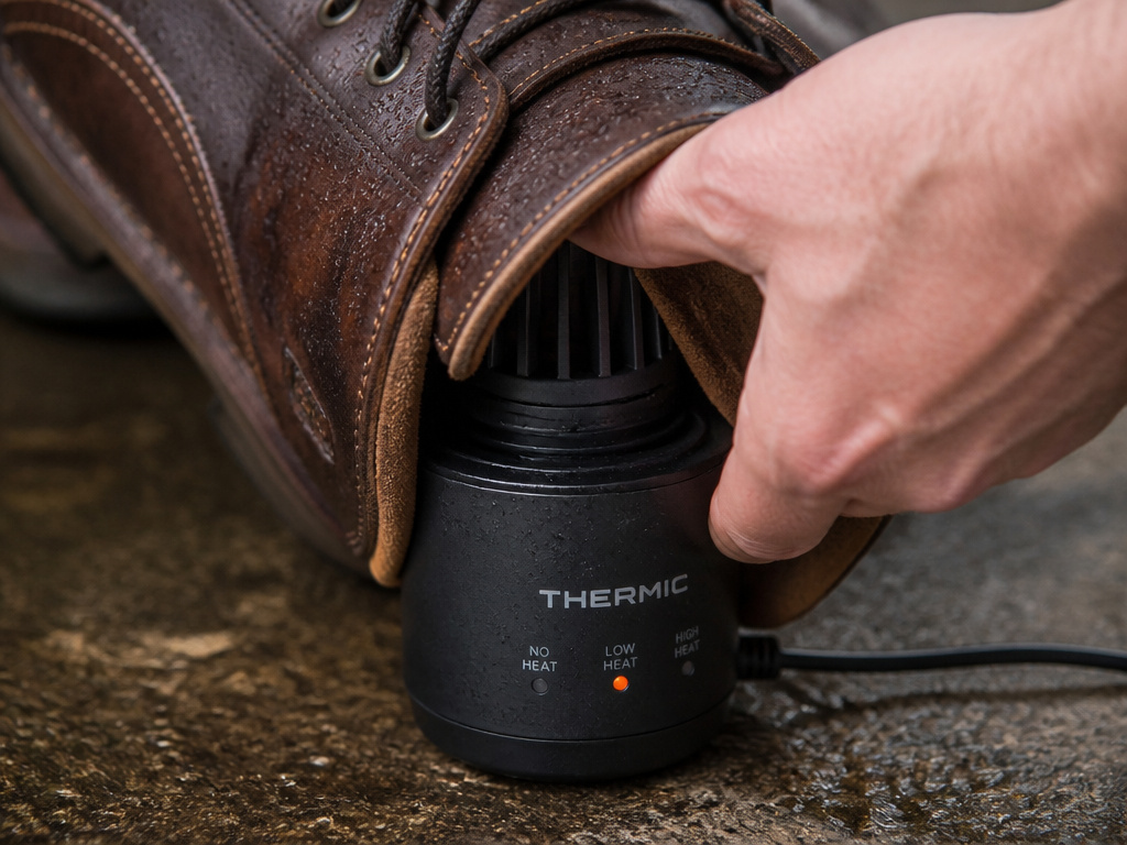 Using a dedicated boot dryer on damp leather boots after initial air drying.