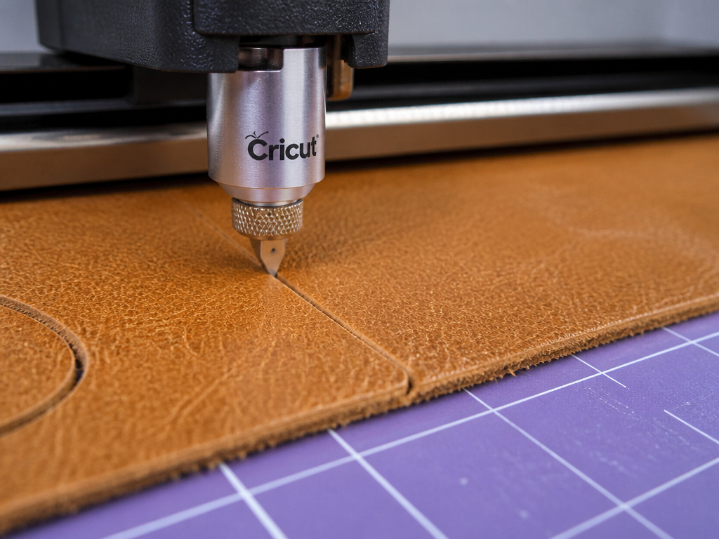 Cricut Maker knife blade cutting thick leather on a cutting mat.