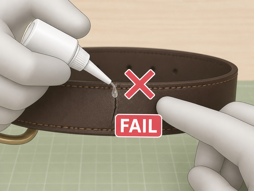 Super glue failing on a flexible leather belt, showing a cracked repair.