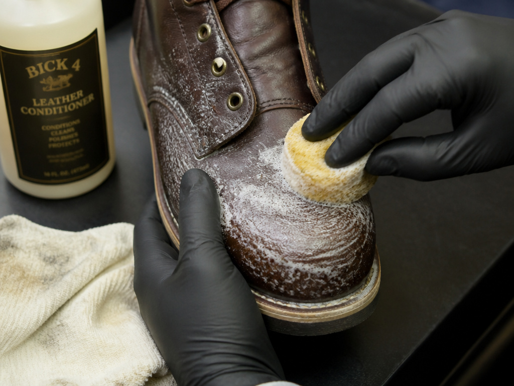 Close-up of applying saddle soap to salt-stained leather boot toe.